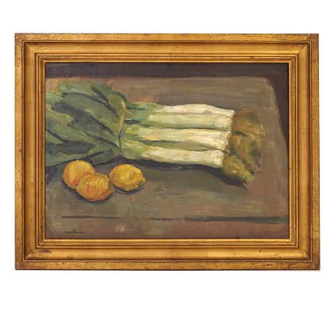 Carl Fischer, 1887-1962, Öl auf Leinen. Stilleben 
mit Zitronen und Lauchen. Signiert. Lichtmasse: 
43x59cm. Mit Rahmen: 57x73cm