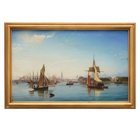 C. F. Sørensen Gemälde. C. F. Sørensen, 1818-79, 
Öl auf Leinen. Der Hafen Kopenhagens. Signiert und 
datiert 1863. Guter Zustand. Lichtmasse: 78x123cm. 
Mit Rahmen: 95x140cm