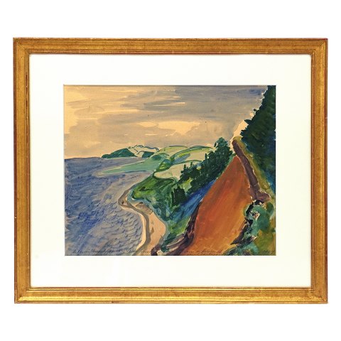 Jens Søndergaard akvarel. Jens Søndergaard, 
1895-1957, akvarel med motiv i form af 
Limfjordslandskab, udsigten fra Toftum Bjerge mod 
Oddesund. Signeret og dateret 1937. Lysmål: 
29x36cm. Med ramme: 45x53cm