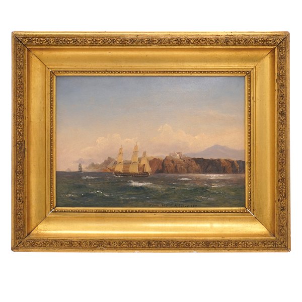 C. F. Sørensen Maleri.
Carl Frederik Sørensen, 1818-79, olie på plade. Marinemotiv. Signeret og 
dateret 5. juni 1845. Lysmål: 23x33cm. Med ramme. 29x39cm