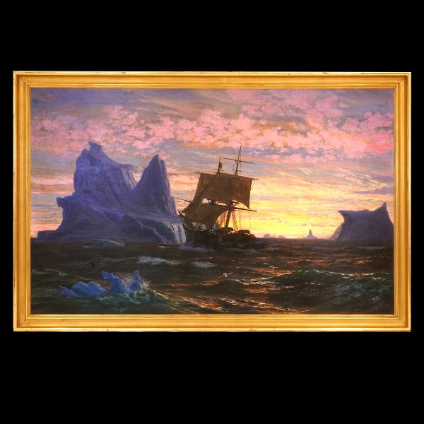 Jens Erik Carl Rasmussen, 1841-93, oil on canvas. Ship at the coast off 
Greenland. Signed and dated 1872. Visible size: 98x156cm. With frame: 112x170cm