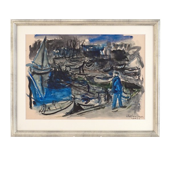 Jens Søndergaard, akvarel. Jens Søndergaard, 1895-1957, akvarel. Motiv fra Sletten Havn v. Hornbæk. Signeret og dateret 1953. Lysmål: 32,5x46cm. Med ramme: 45,5x57cm